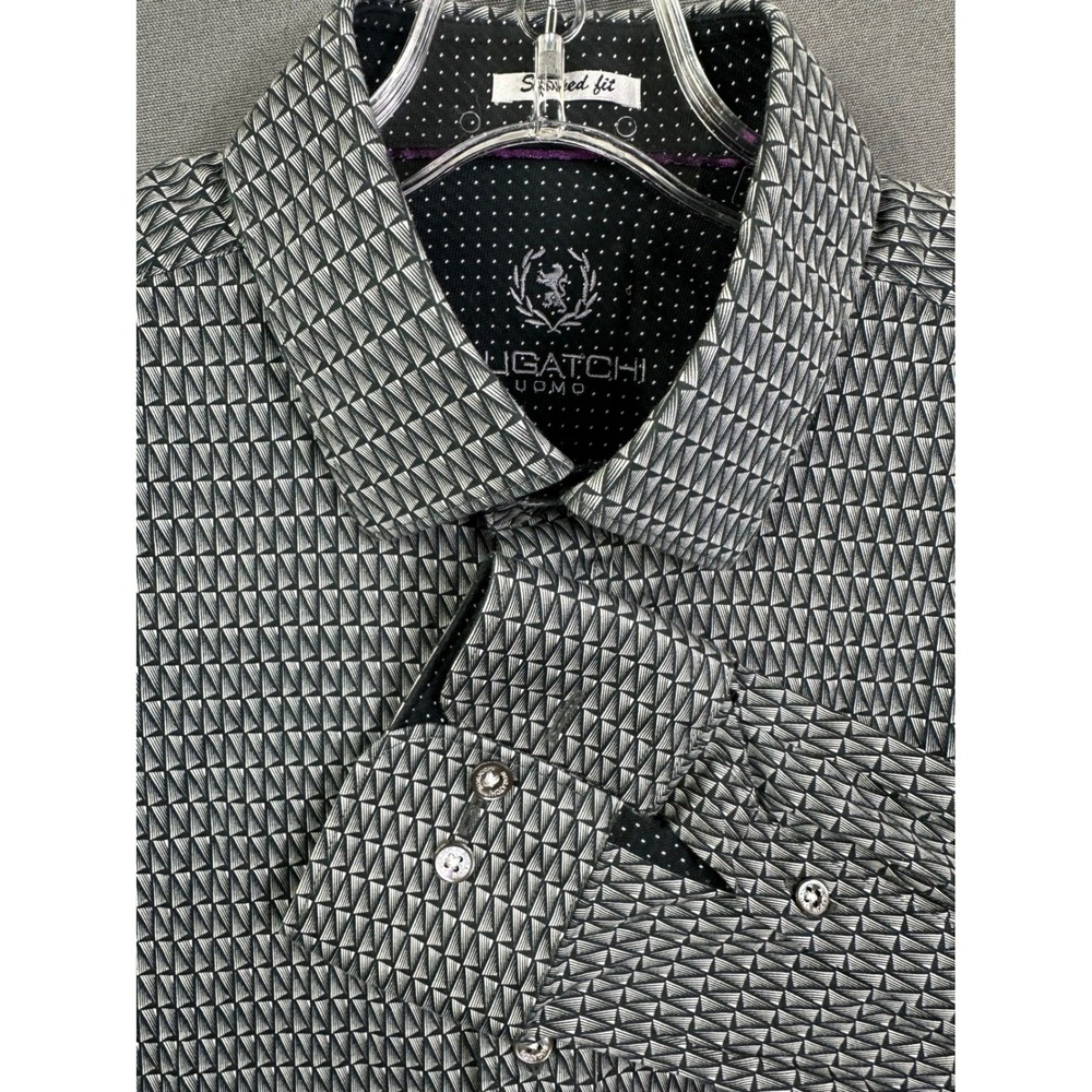 Bugatchi Uomo Men's Shaped Fit Geometric Print Button Down Shirt Black Purple M